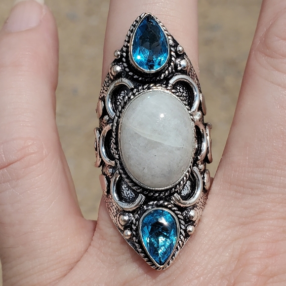 New Rainbow Moonstone & Blue Topaz 925 Silver Statement Ring. - Picture 4 of 15